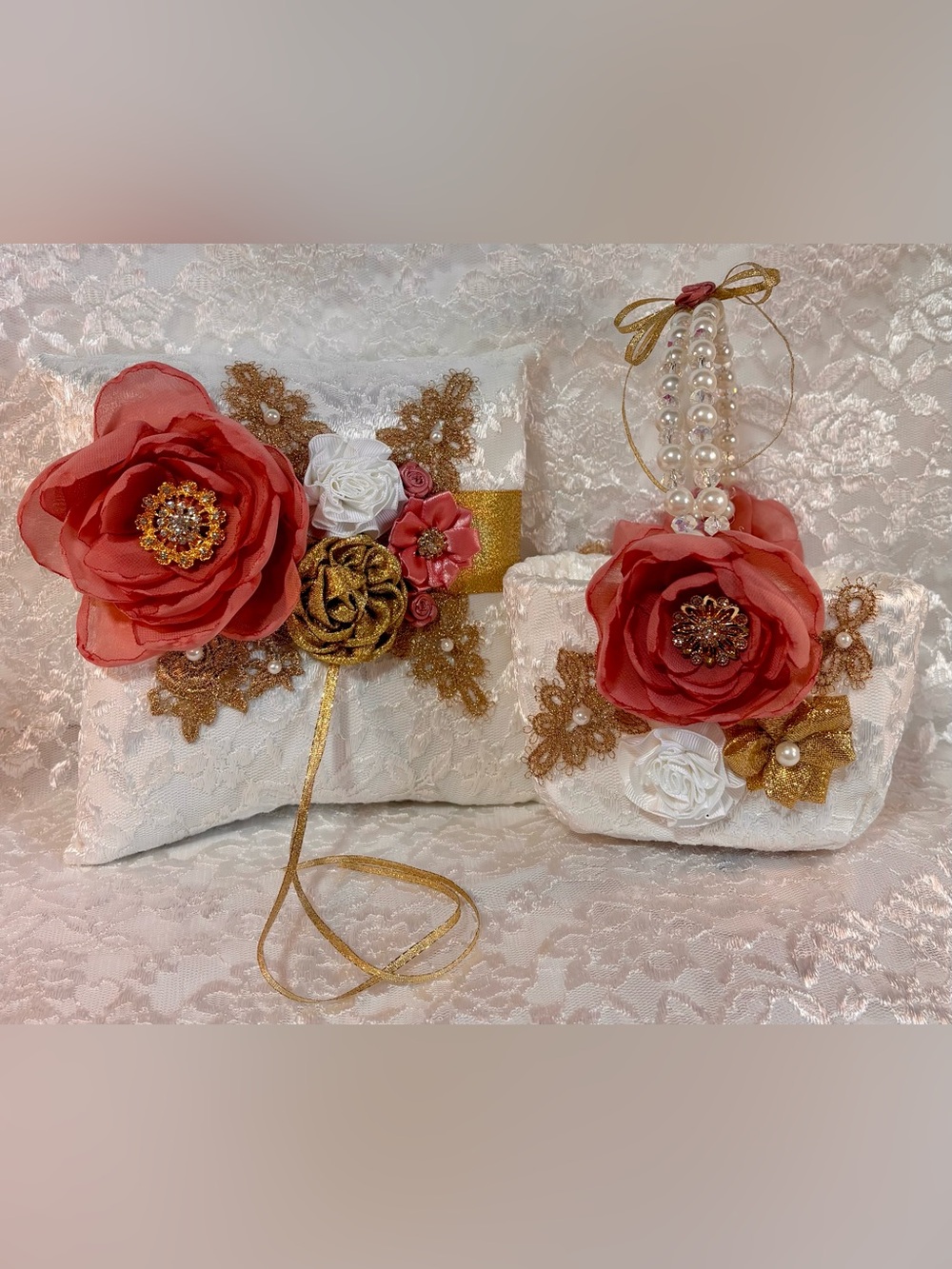 🥂 Gold White and Rose Blush Ring Pillow and Flower Basket Set